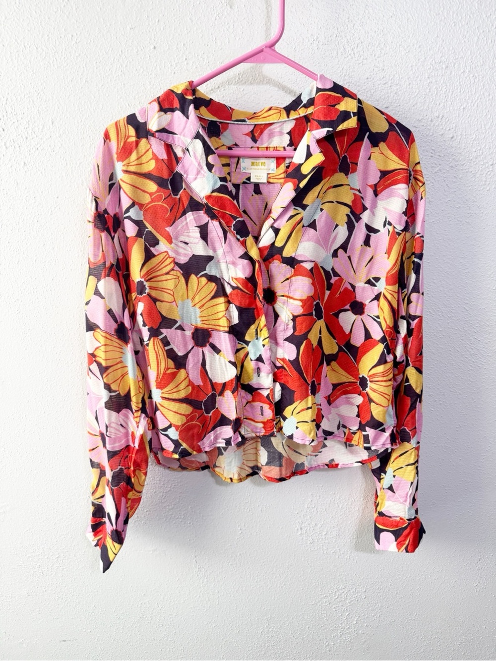 Anthropologie Maeve Floral Cropped Button-Front Shirt - Pink, Red & Yellow small